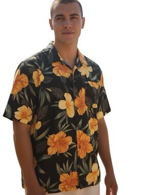 Caribbean Joe XL Rayon Floral Hawaiian Black Yellow Short Sleeve Button-Up Shirt